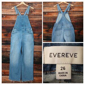 Evereve Jean Overalls 26 Wide Leg High Rise Ankle Raw Hem Blue Denim Stretch